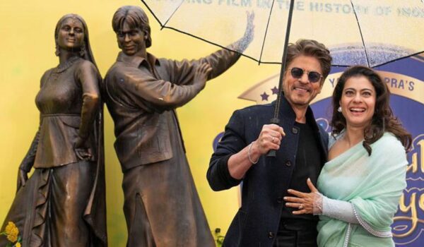 DDLJ stars Shah Rukh Khan and Kajol visit London to unveil the first ever Bollywood bronze statue in the city