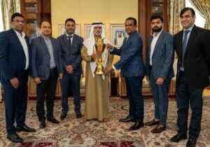 His Highness, Sheikh Nahayan Mabarak Al Nahayan, Minister of Tolerance and Coexistence and Chairman Emirates Cricket Board unveiling the trophy of Asia Cup 2022